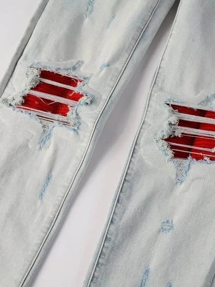 custom ripped jeans (patched red) - pluto essentials 