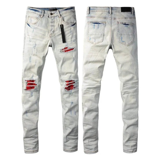 custom ripped jeans (patched red) - pluto essentials 