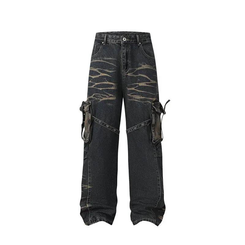 Real Shot American Street High Street Personality Denim Trousers - pluto essentials 
