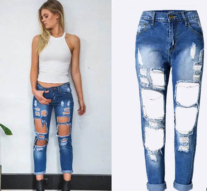 Ripped Jeans High Waist Women Ripped Hole Knee Skinny Pants - pluto essentials 