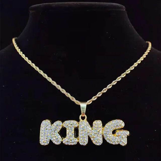 Men Women Hip Hop KING QUEEN Letter Pendant Necklace - pluto essentials 