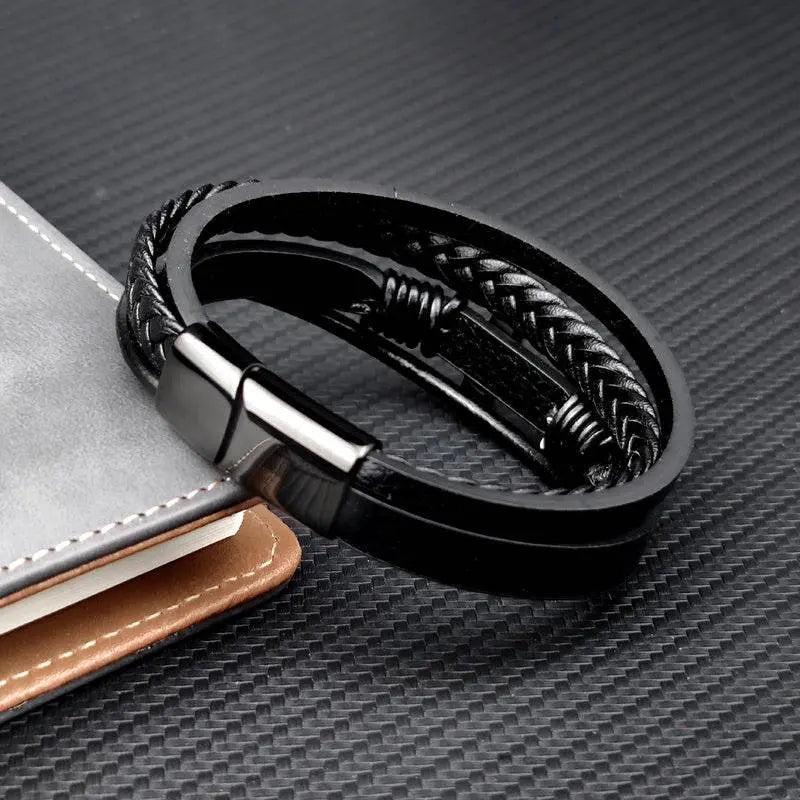 Stainless Steel Leather Cross Brown Black Bracelet Men Hiphop Jewelry - pluto essentials 