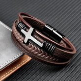 Stainless Steel Leather Cross Brown Black Bracelet Men Hiphop Jewelry - pluto essentials 