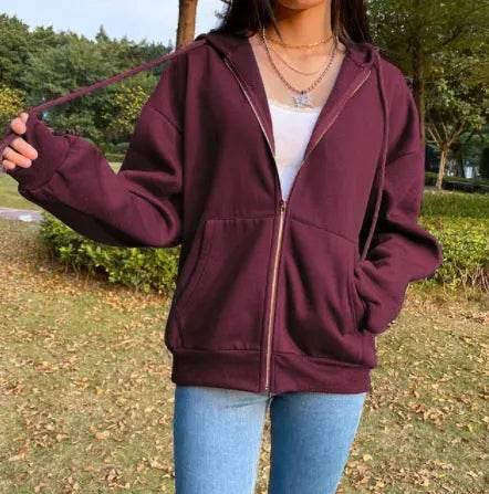 Brown Y2K Aesthetic Hoodies Women Zip Up Sweatshirt Hooded - pluto essentials 