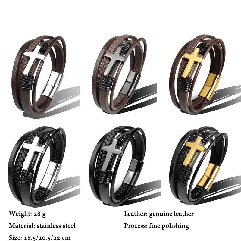 Stainless Steel Leather Cross Brown Black Bracelet Men Hiphop Jewelry - pluto essentials 