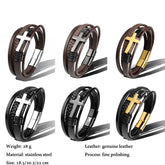 Stainless Steel Leather Cross Brown Black Bracelet Men Hiphop Jewelry - pluto essentials 