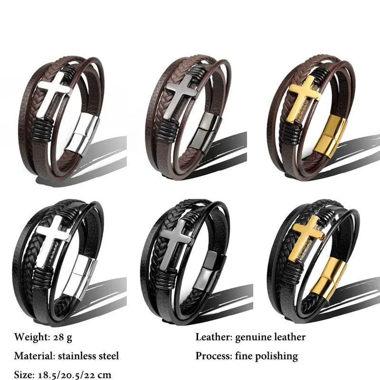 Stainless Steel Leather Cross Brown Black Bracelet Men Hiphop Jewelry - pluto essentials 